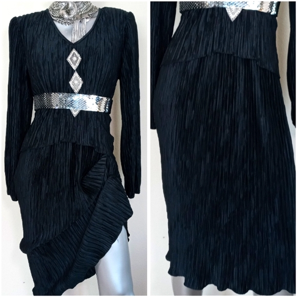 After Dark Dresses 8s Accordion Pleat Grunge Vintage Midi Bedazzed